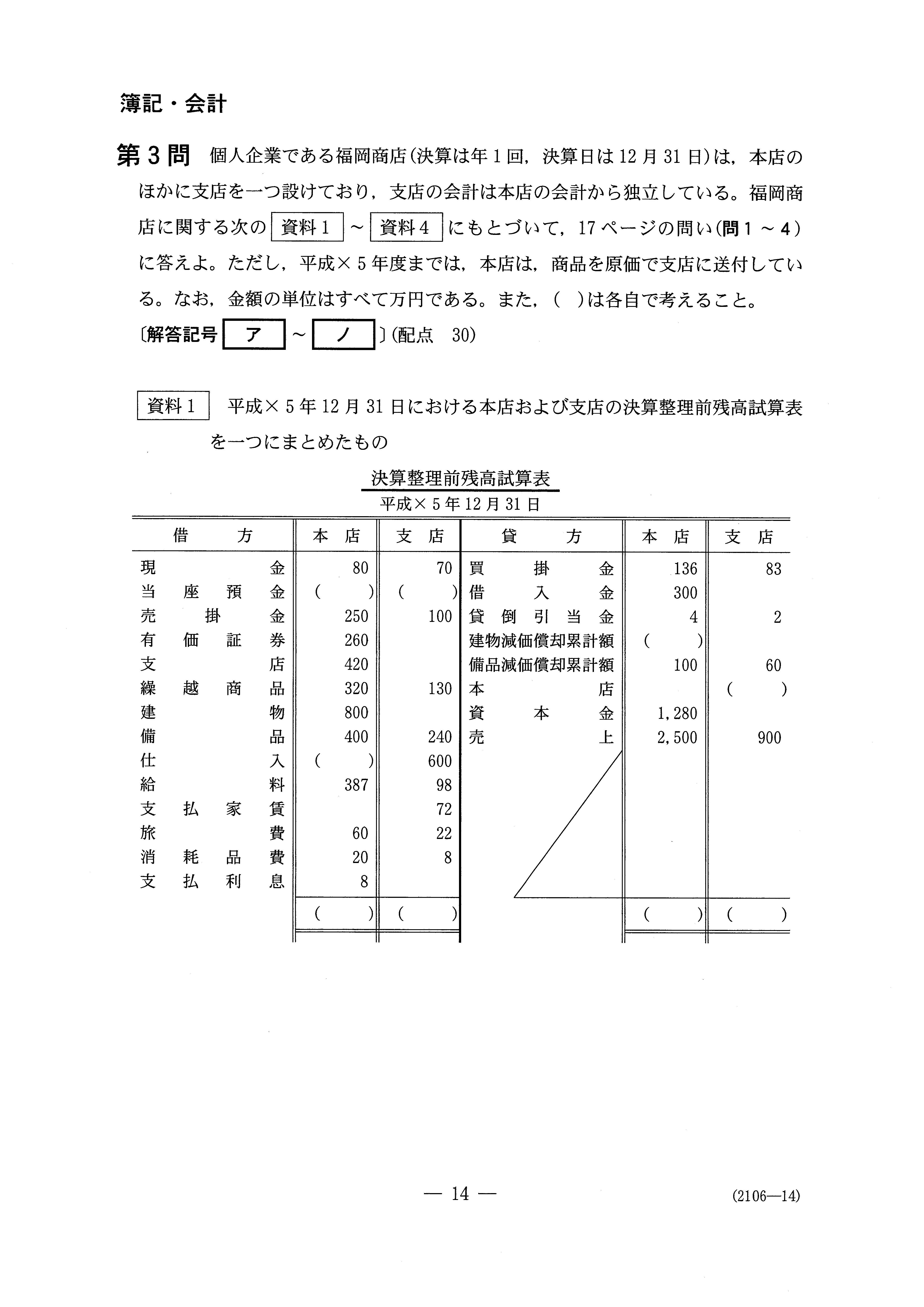 H30数学_簿記・会計 大学入試センター試験過去問